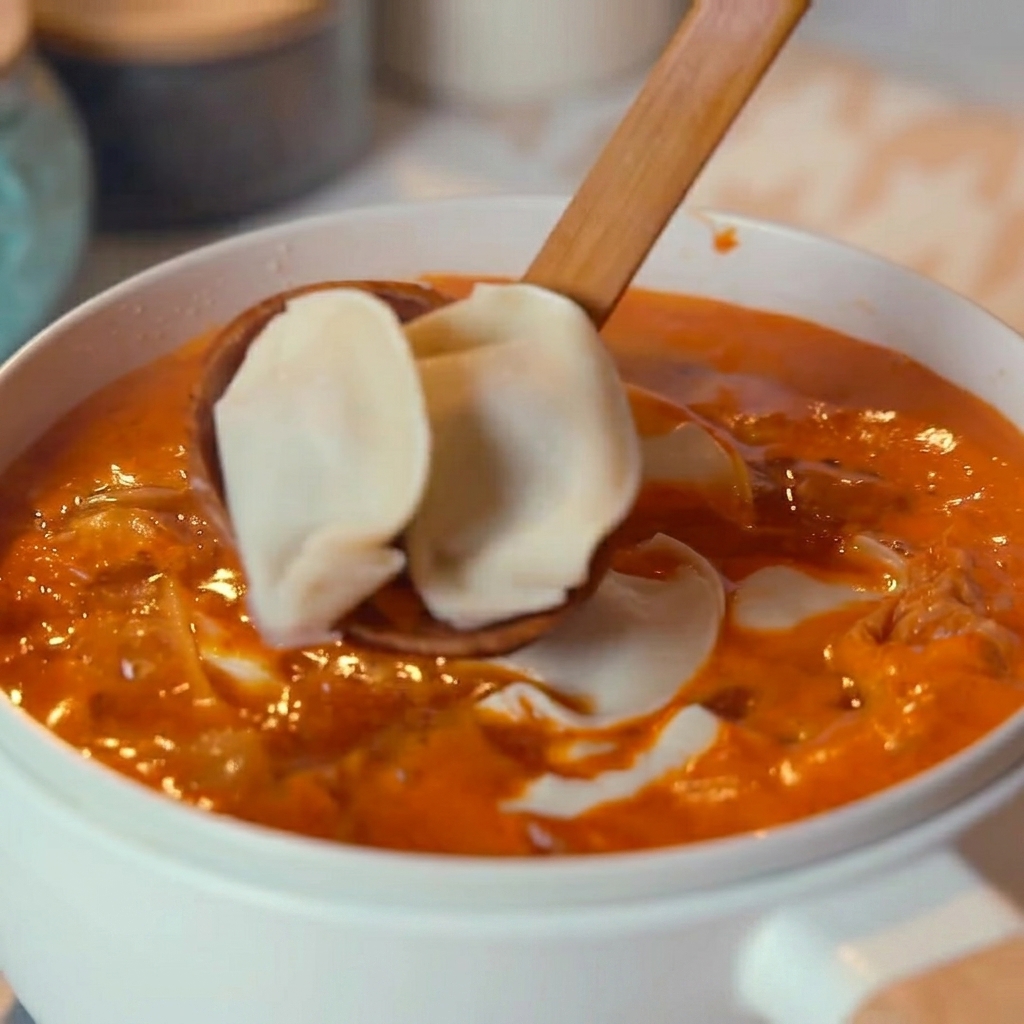 Ein Holzlöffel hebt zwei frische Teigtaschen über einen Topf mit dampfender roter Kimchi-Suppe.