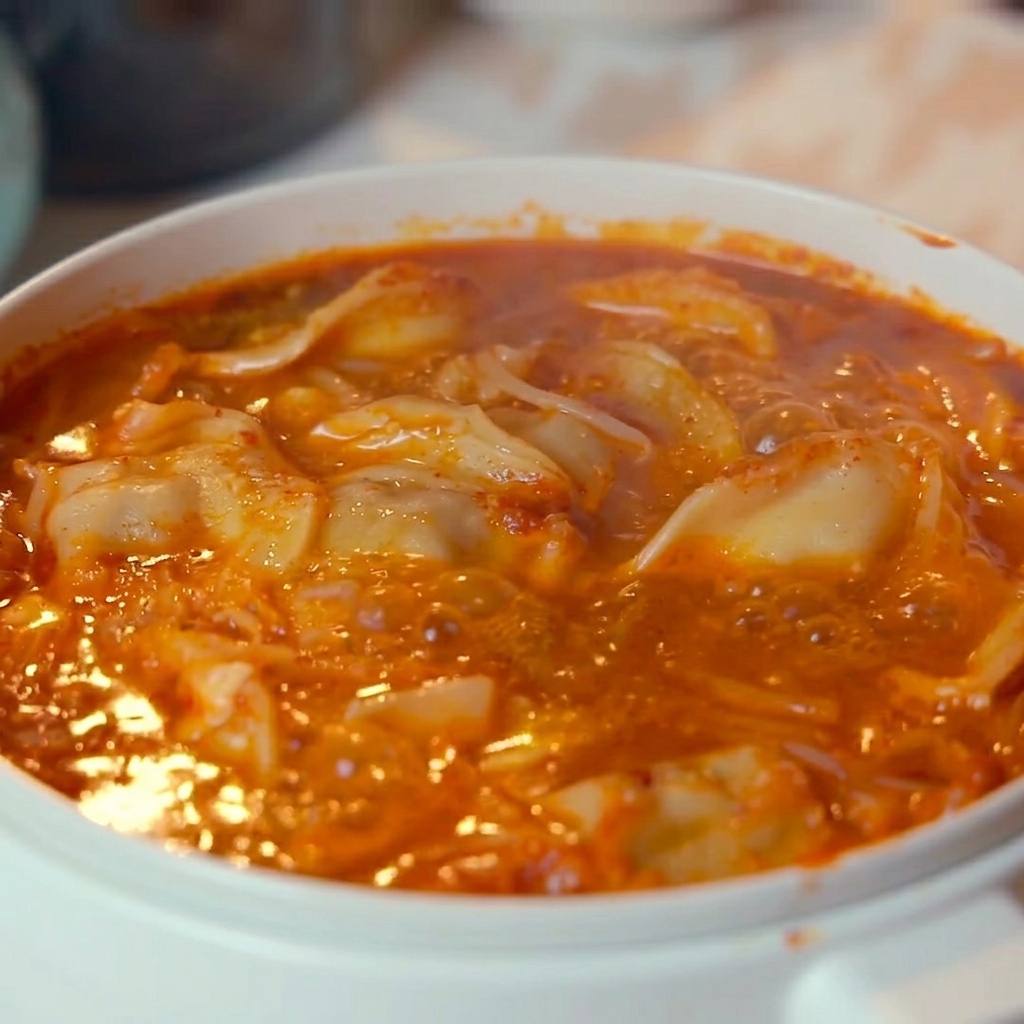 Ein blubbernder Topf mit würziger Kimchi-Teigtaschen-Suppe wird mit weißen Sesamsamen und gehackten Frühlingszwiebeln garniert.