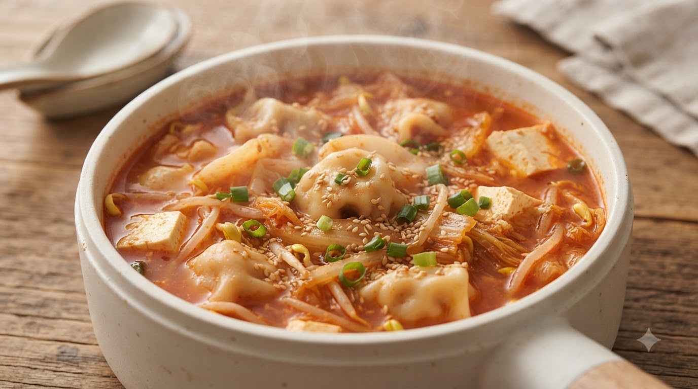 Würzige koreanische Kimchi-Teigtaschen-Suppe (Mandu-guk)