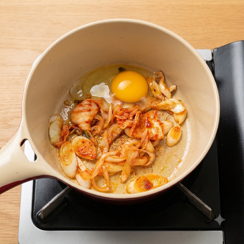 Zwei aufgeschlagene Eier in einem Topf mit angebratenem Kimchi und Frühlingszwiebeln.