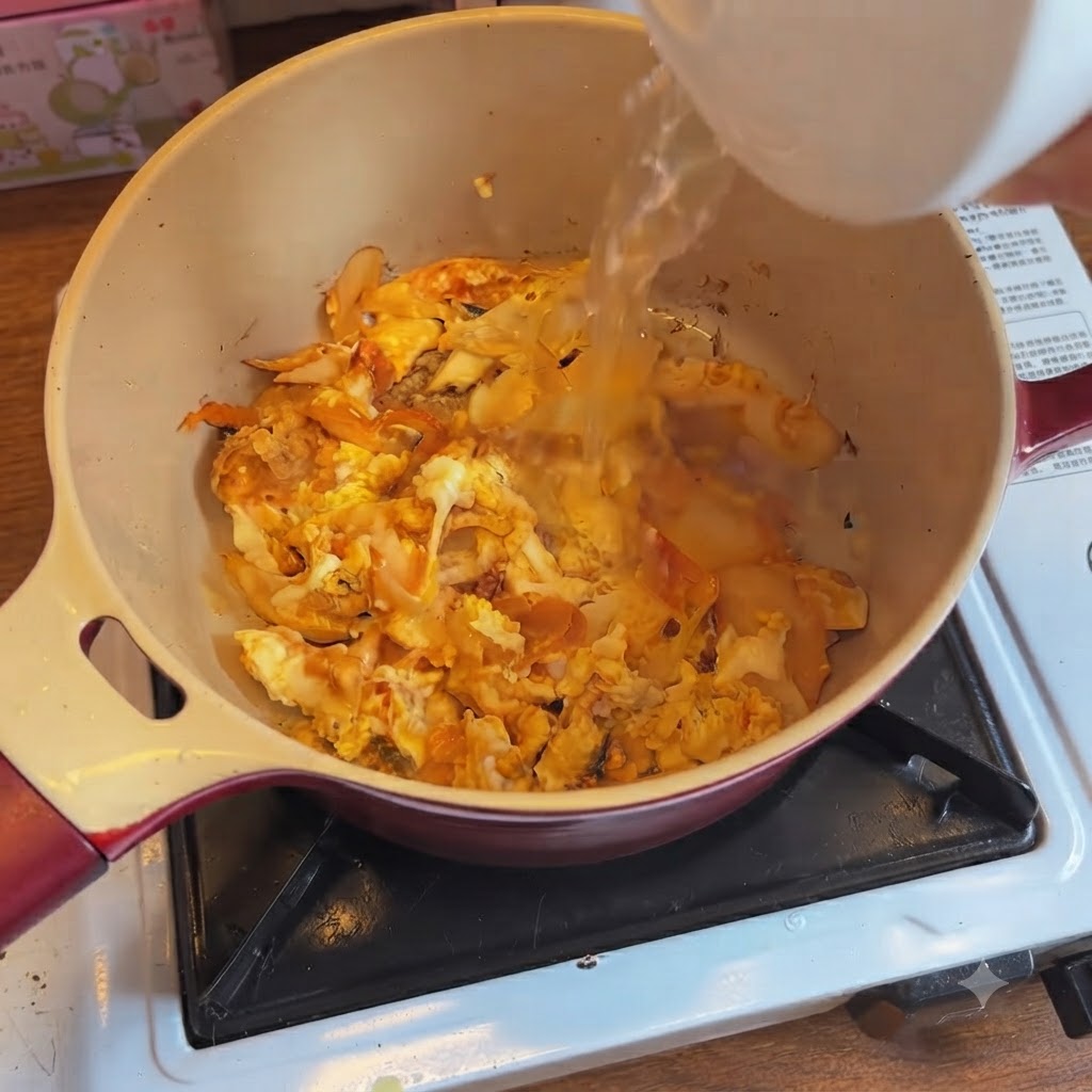 Heißes Wasser wird aus einem weißen Behälter über das gebratene Kimchi und die Eier in den Topf gegossen.