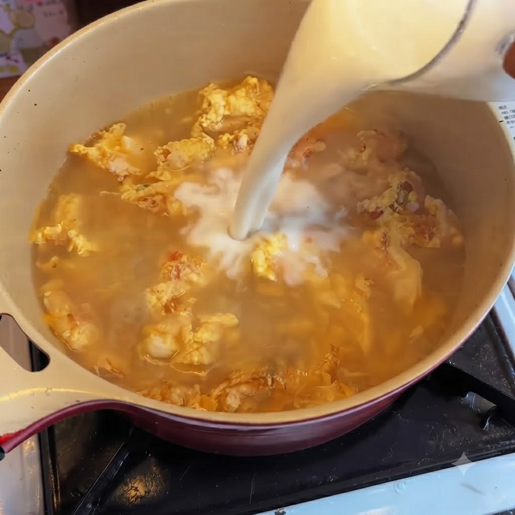 Milch wird aus einer Tasse in die köchelnde Suppe gegossen und erzeugt eine wolkige Wirbel.