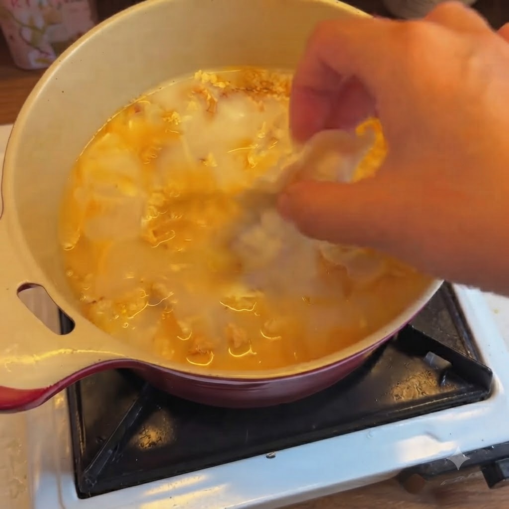 Eine Hand lässt eine Kimchi-Teigtasche in einen Topf mit köchelnder, milchig-oranger Suppenbasis fallen.