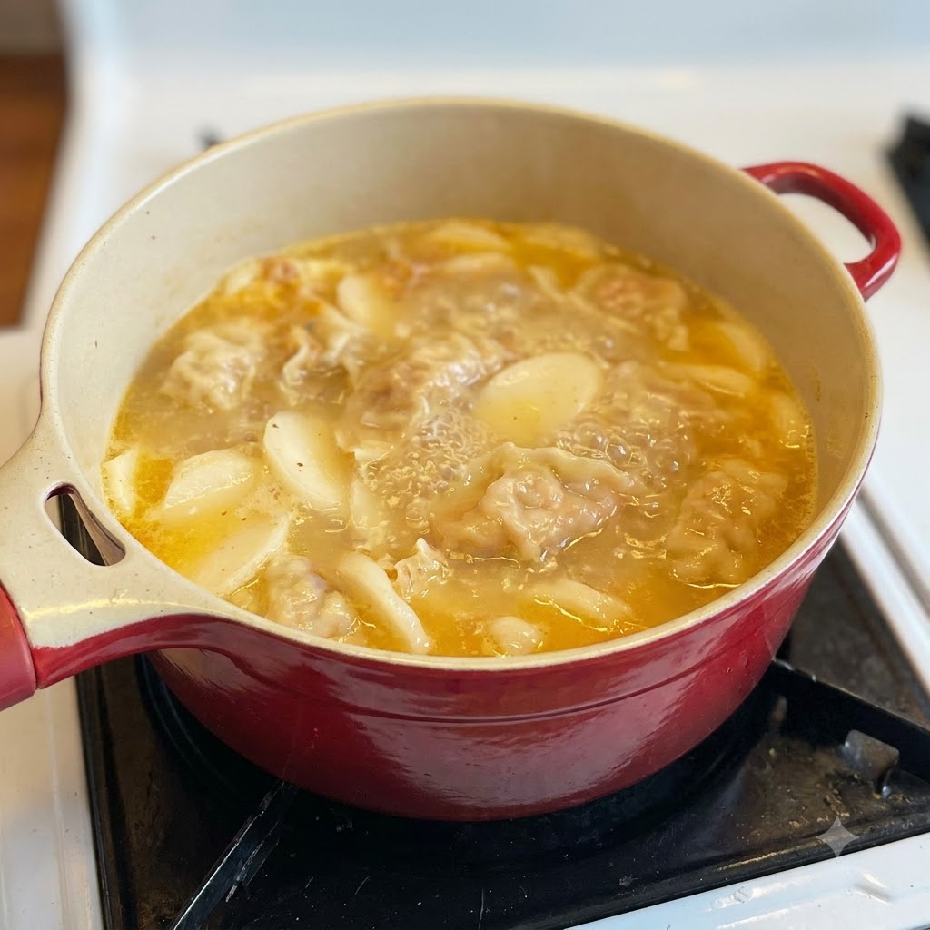 In Scheiben geschnittene Reiskuchen und Kimchi-Teigtaschen kochen zusammen in einer reichhaltigen orangen Suppenbasis in einem roten Topf.