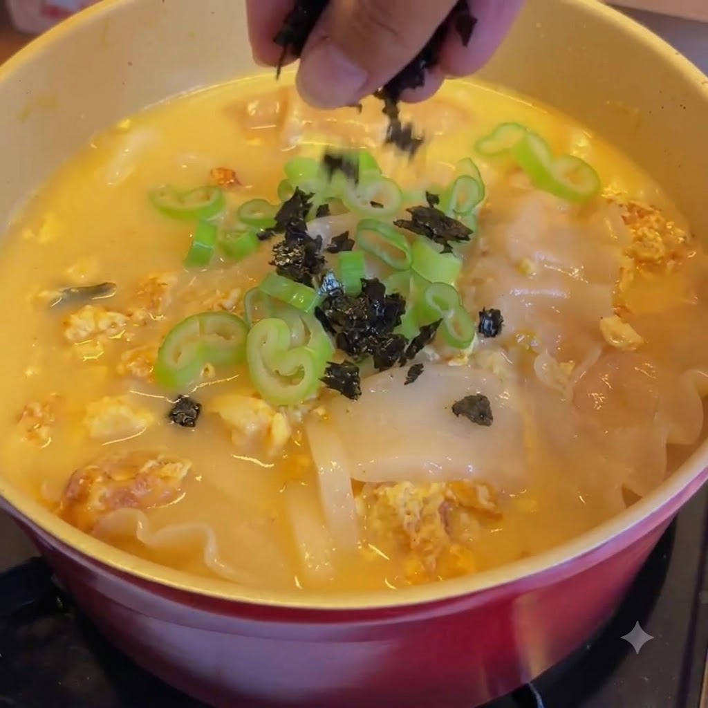 Eine Hand streut zerbröselte Algen über frische grüne Frühlingszwiebeln auf einer reichhaltigen Kimchi-Teigtaschen- und Reiskuchensuppe.
