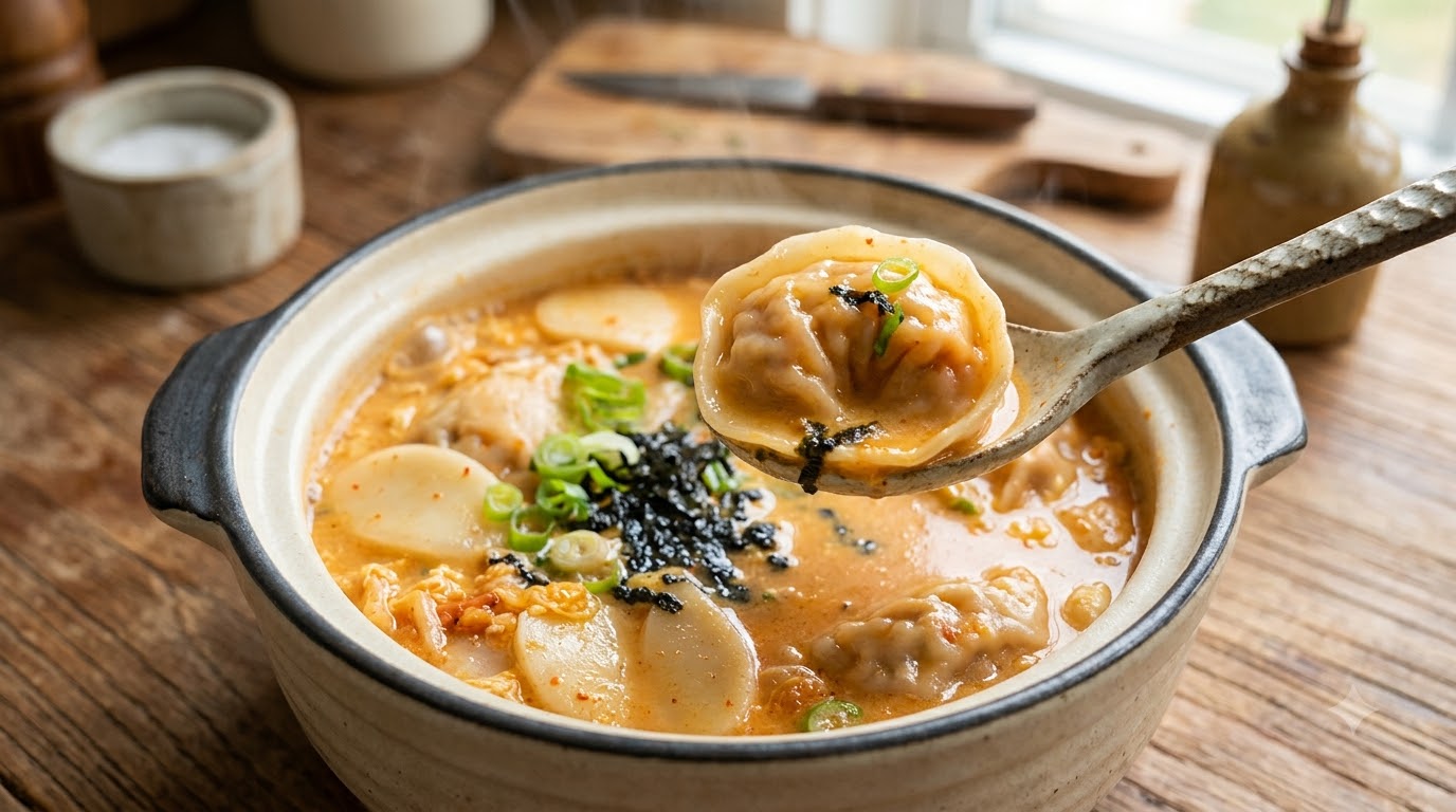 Cremige Kimchi-Reiskuchen- & Teigtaschen-Suppe