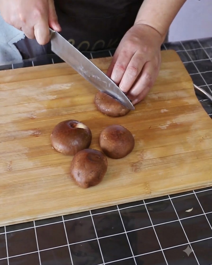 Ganze Shiitake-Pilze werden auf einem Holzschneidebrett in kleinere Stücke geschnitten.