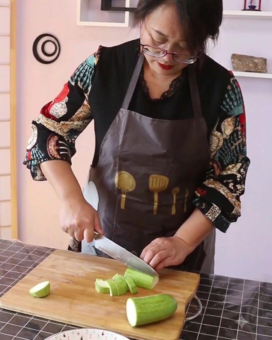 Grüne Zucchini wird auf einem Holzschneidebrett in Stücke geschnitten.