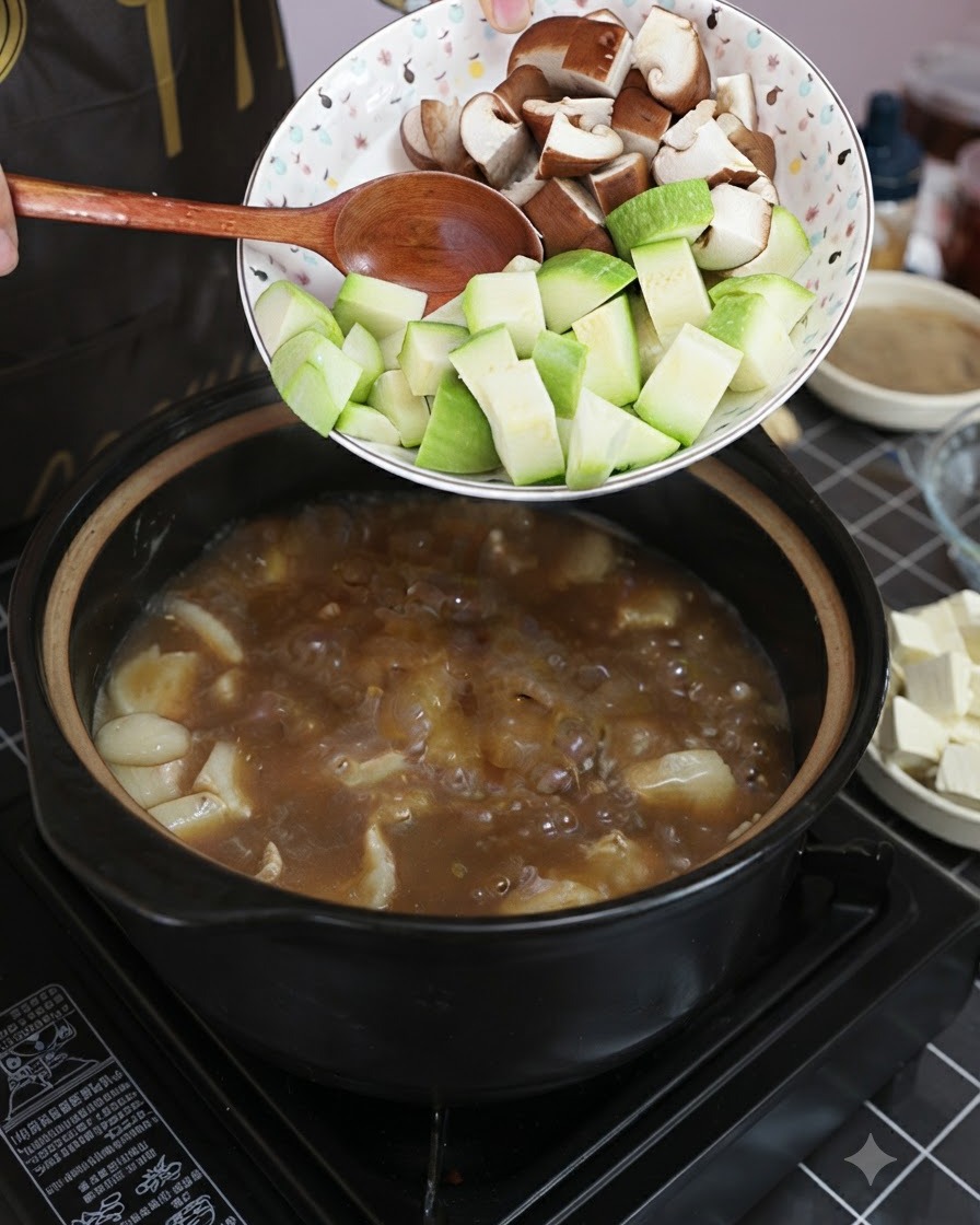 Geschnittene Zucchini und Shiitake-Pilze werden aus einer gemusterten Schüssel in die kochende Suppe gegeben.