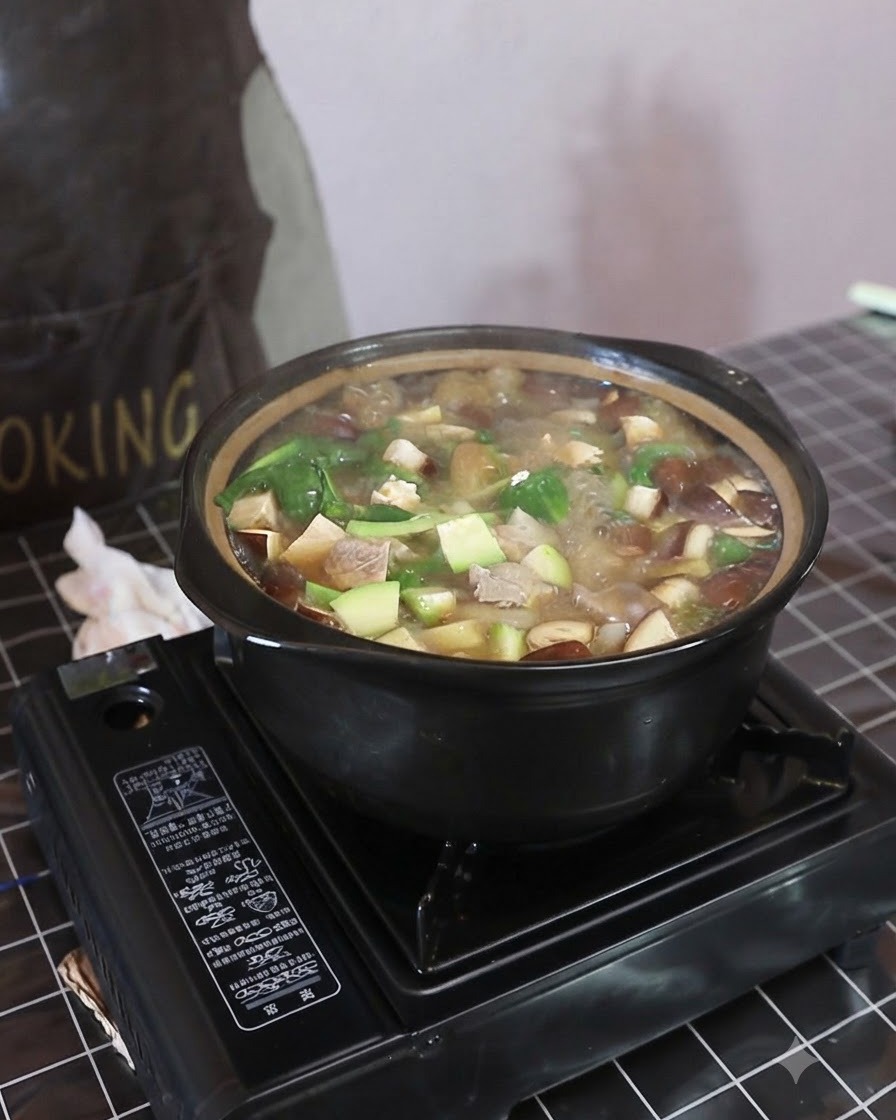 Ein Löffel weißes Würzpulver wird in den blubbernden Topf mit Suppe und Gemüse gegeben.