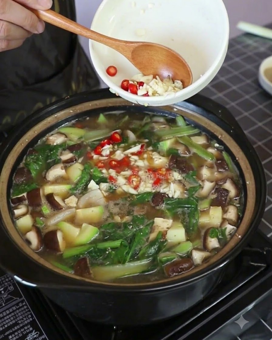 Gehackter Knoblauch und rote Thai-Chili-Ringe werden aus einer weißen Schüssel in den dampfenden Suppentopf gegeben.
