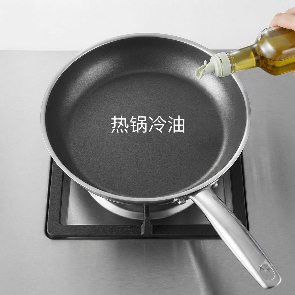 Speiseöl wird aus einer Flasche in eine erhitzte Bratpfanne auf einem Herd gegossen.