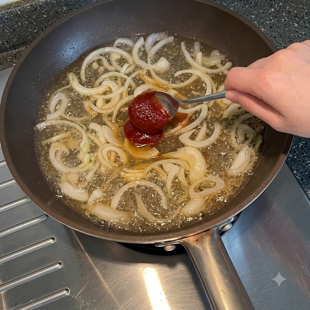 Ein Löffel koreanische Chilipaste wird in eine Pfanne mit kochendem Wasser und geschnittenen Zwiebeln gegeben.