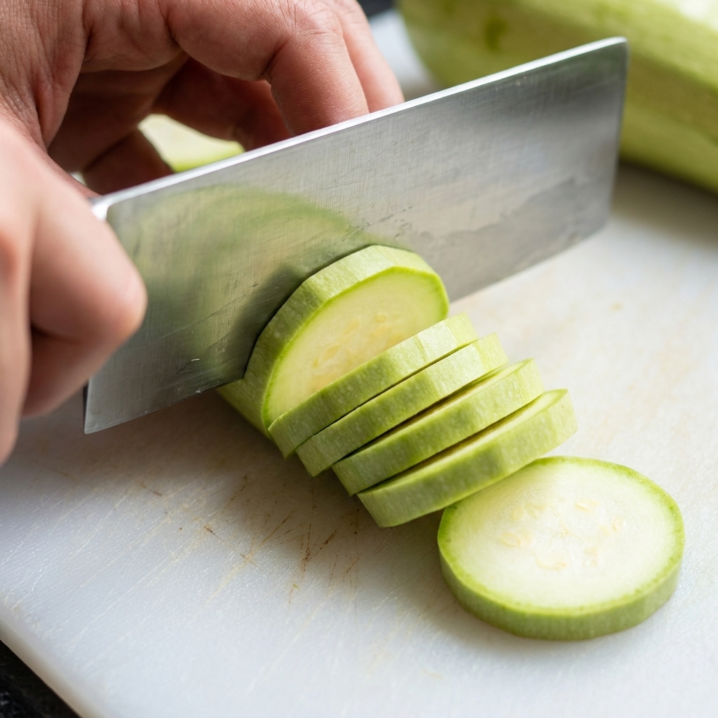 Ein Messer schneidet Zucchini auf einem weißen Schneidebrett in runde Scheiben.