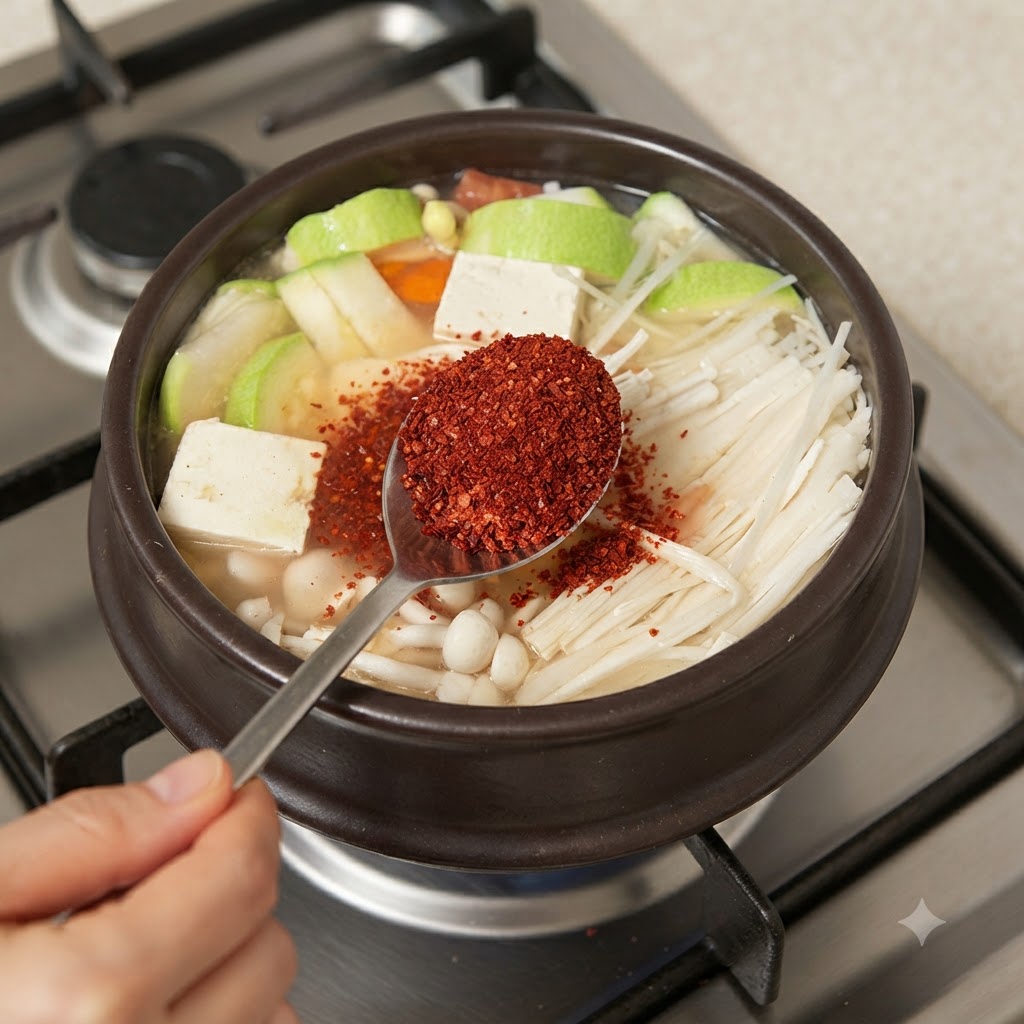 Ein Löffel gefüllt mit leuchtend rotem Chilipulver wird in den köchelnden Eintopftopf gegeben.