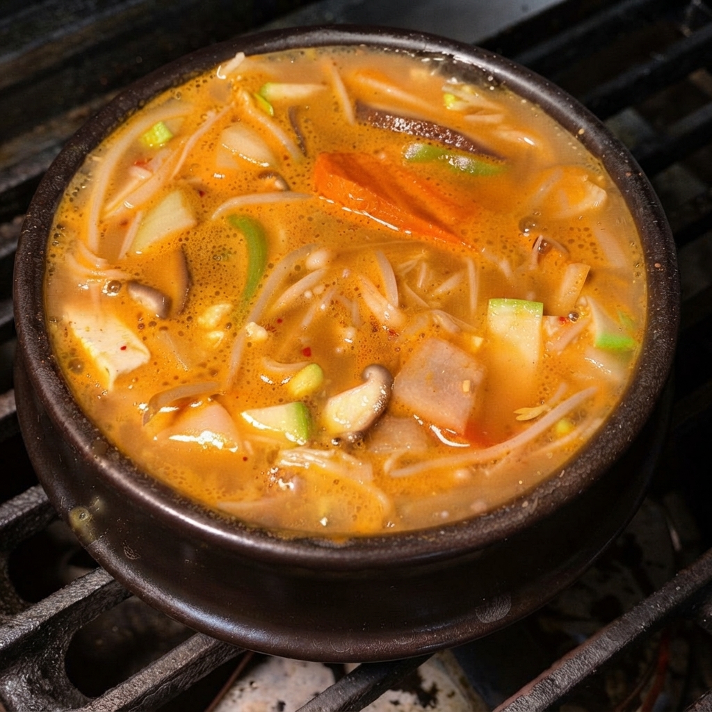 Frische Salatblätter und -herzen werden unter den köchelnden koreanischen Sojabohnenpasten-Eintopf gemischt.