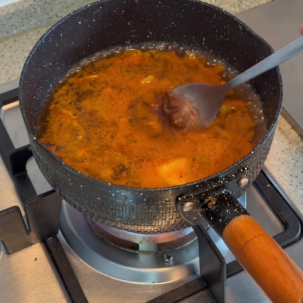 Ein Löffel koreanische Sojabohnenpaste wird in die köchelnde orangefarbene Brühe eingerührt.