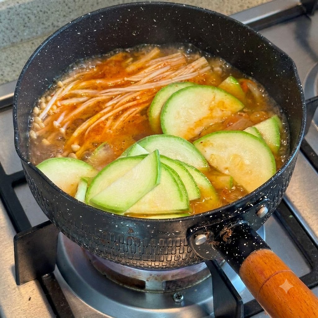 Sojasauce wird von oben in einen brodelnden Topf mit Kimchi-Eintopf mit Enoki-Pilzen und Zucchinischeiben gegossen.