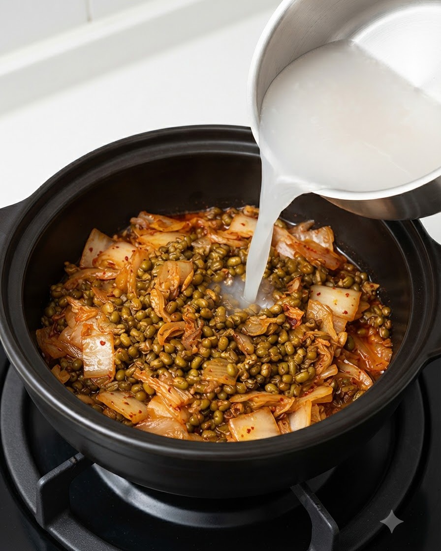 Trübes, weißes Reiswaschwasser wird aus einem Stahltopf in einen dunklen Topf mit Kimchi und fermentierten Sojabohnen gegossen.