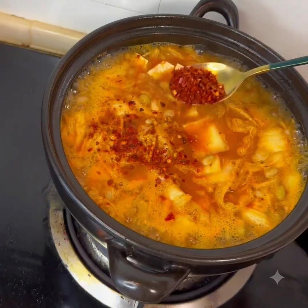 Chilipulver wird mit einem kleinen Löffel in den Suppentopf gegeben.