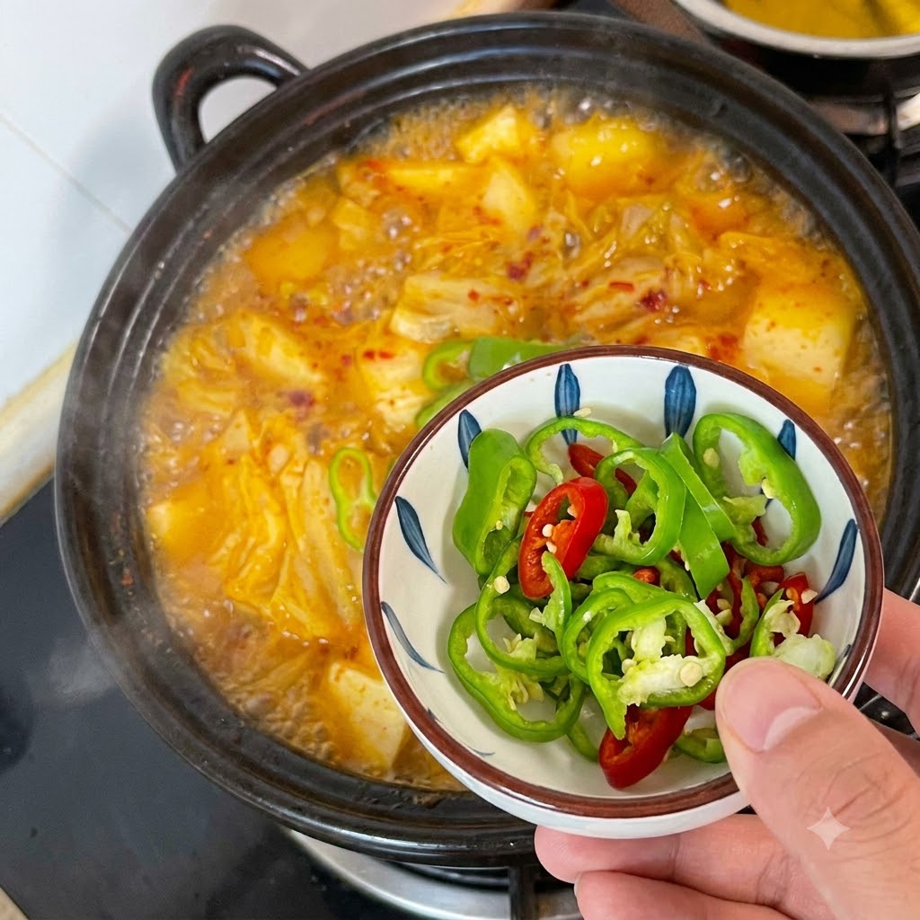 In Scheiben geschnittene grüne und rote Chilischotenringe in einer Schüssel, bereit zum Hinzufügen in die kochende Suppe.