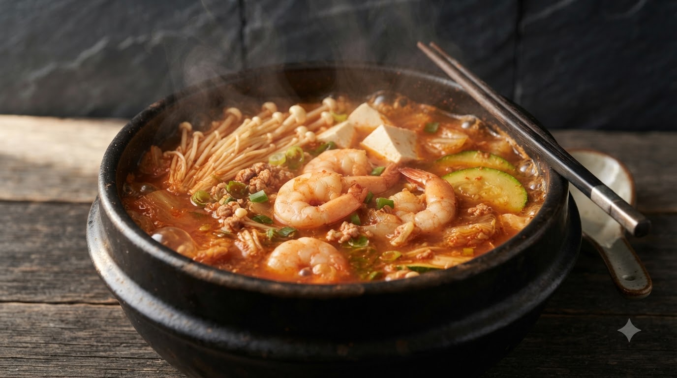 Koreanische Kimchi-Sojabohnenpasten-Suppe (Doenjang-jjigae)