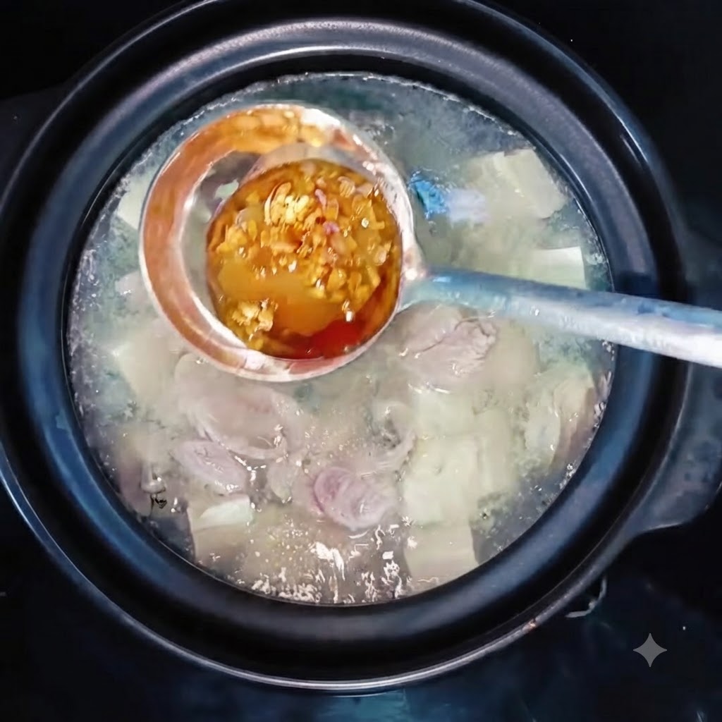 Eine Kelle mit Frühlingszwiebelöl und Gewürzen wird über einem köchelnden Topf mit Austern-Tofu-Suppe gehalten.