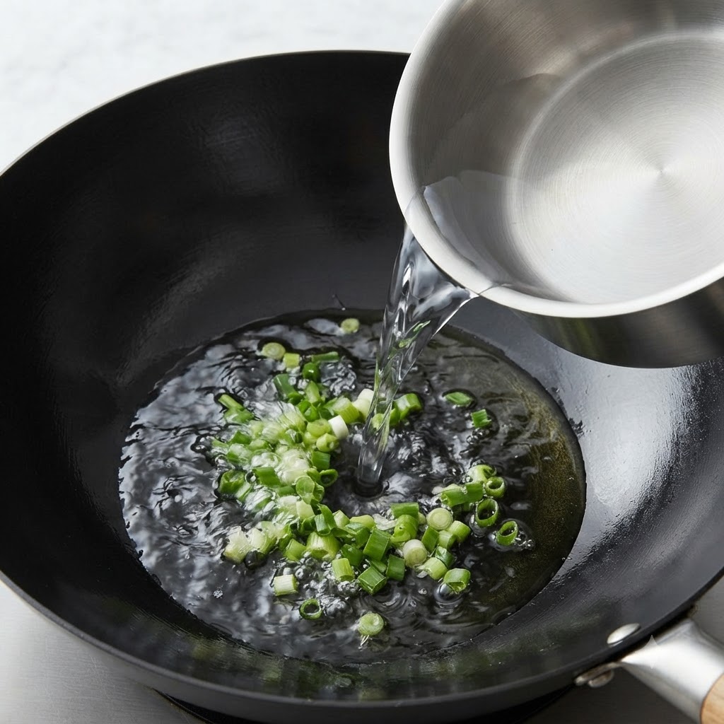 Klares Wasser wird aus einem Metallbehälter in einen schwarzen Wok mit grünen Frühlingszwiebeln gegossen.