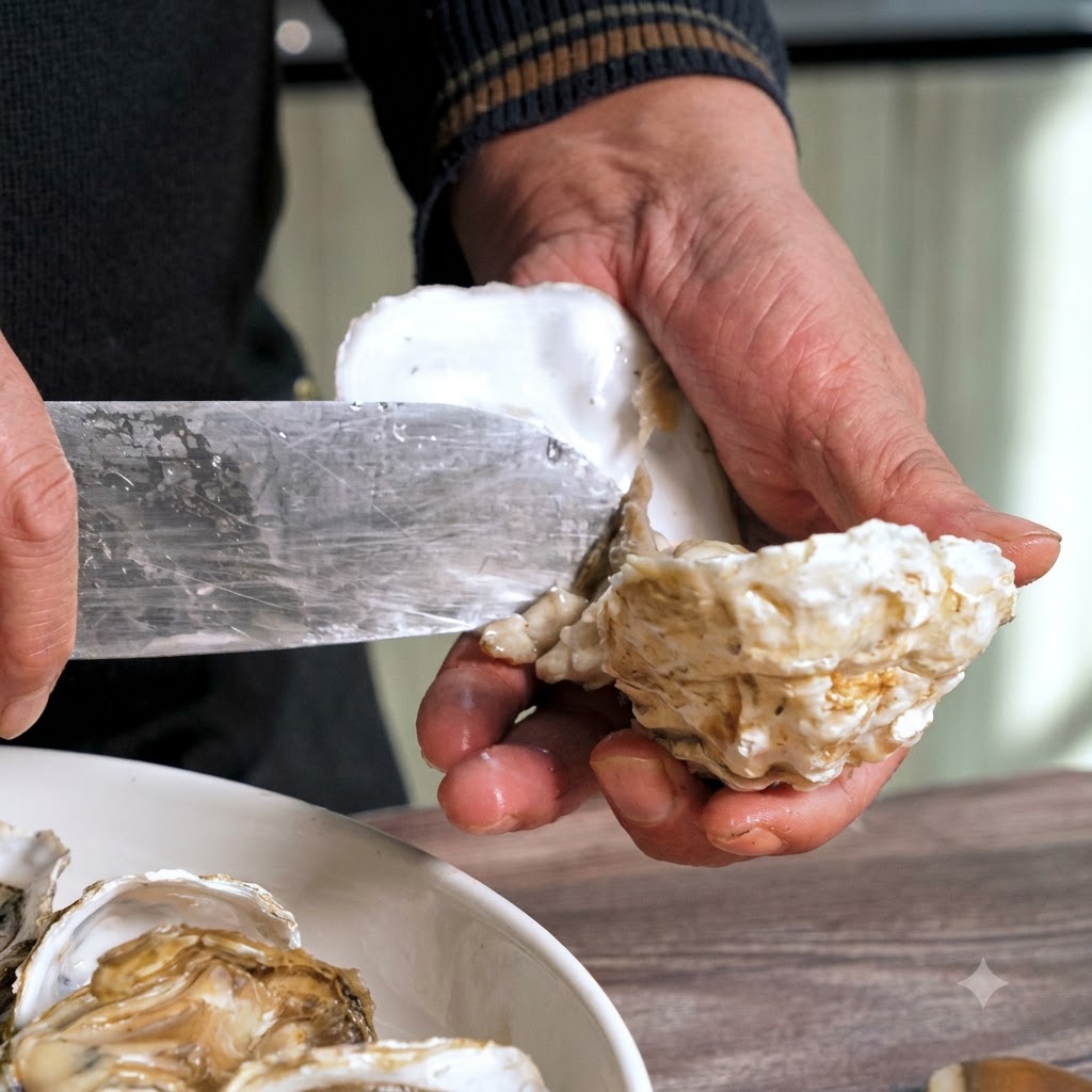 Nahaufnahme von Händen, die eine Austernmuschel halten und mit einem Messer das frische Austernfleisch herauslösen.
