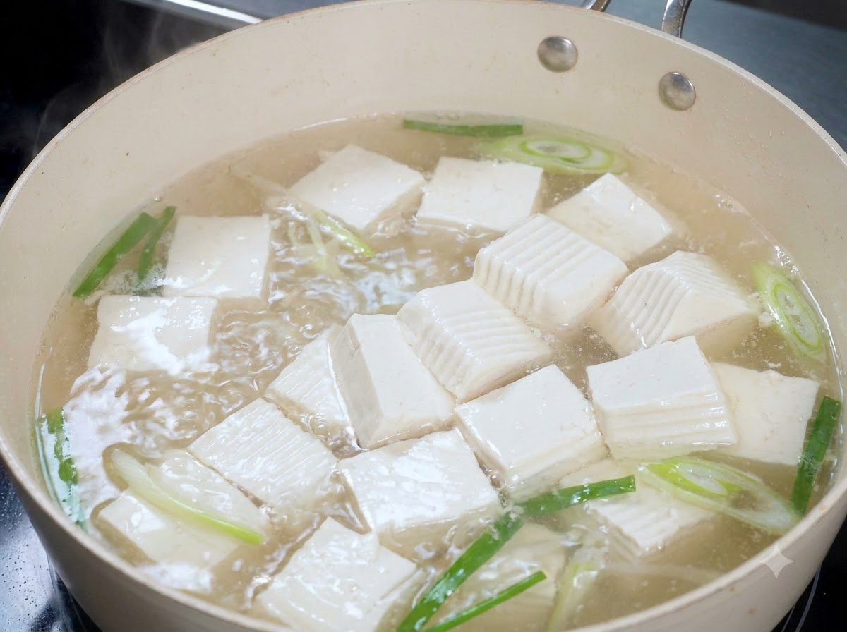 Weiße Tofuwürfel köcheln in kochendem Wasser mit Frühlingszwiebeln und Ingwer.