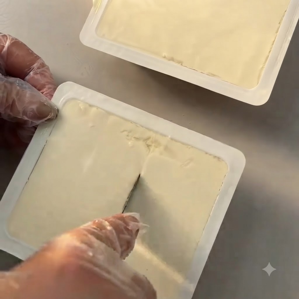 Seidentofu in der Plastikverpackung wird mit einem Messer in kleine Quadrate geschnitten.