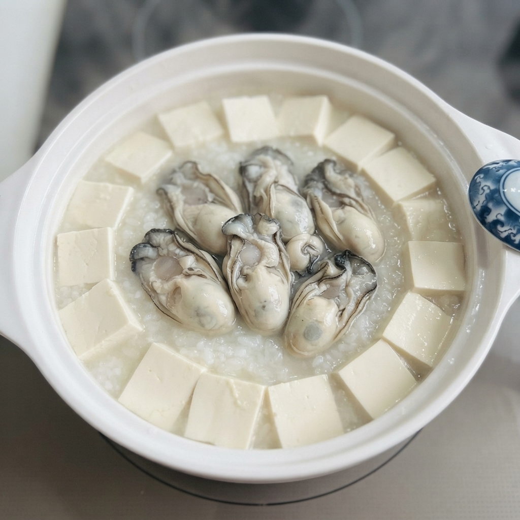 Austern und Tofu köcheln gemeinsam in einem weißen Keramiktopf.