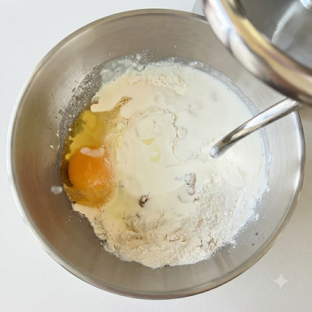 Eine Küchenmaschinenschüssel mit Mehl, einem aufgeschlagenen Ei und flüssiger Milch.