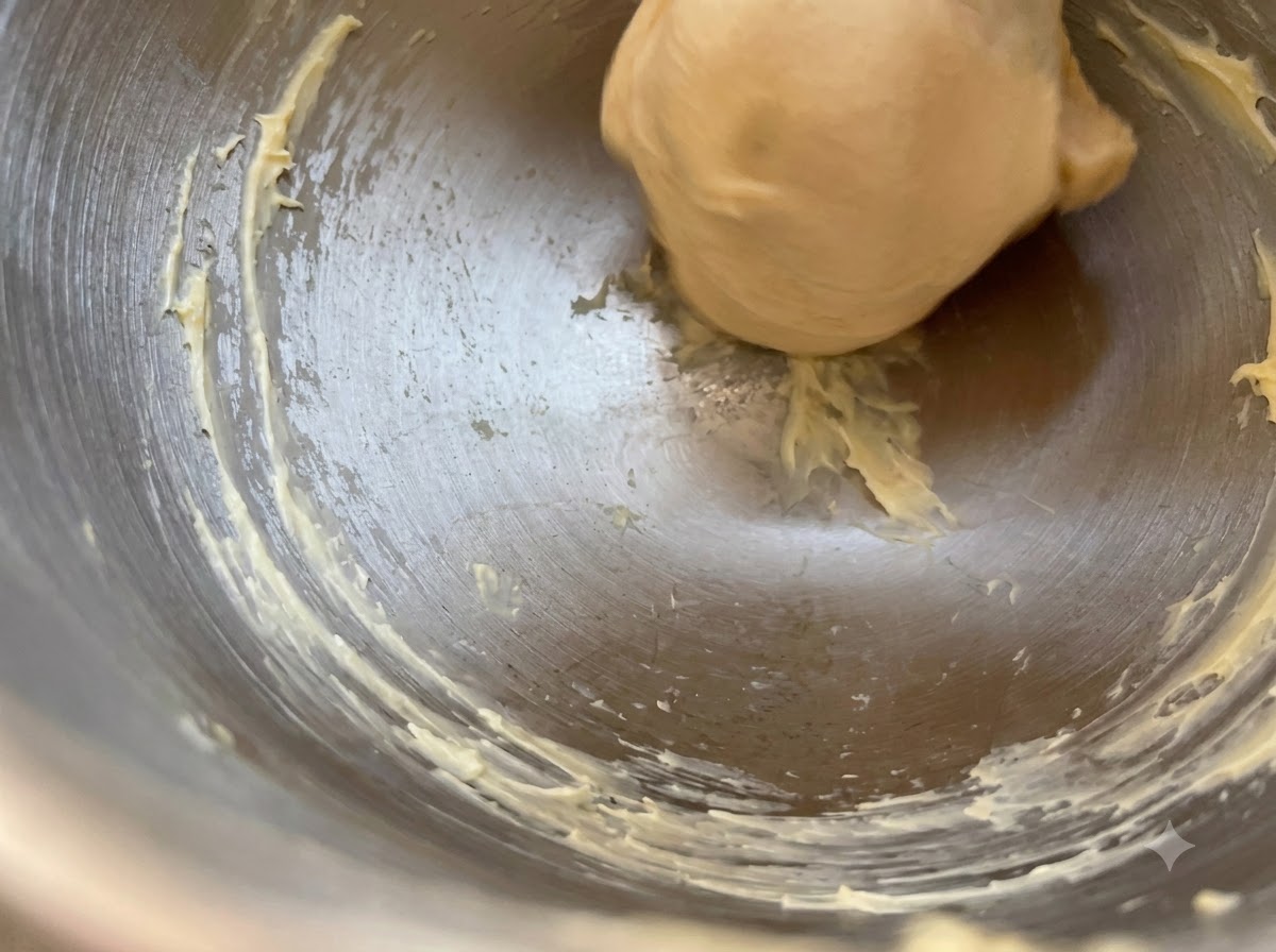 Eine glatte Teigkugel in einer Metallschiessl mit Butterspuren an den Rändern.