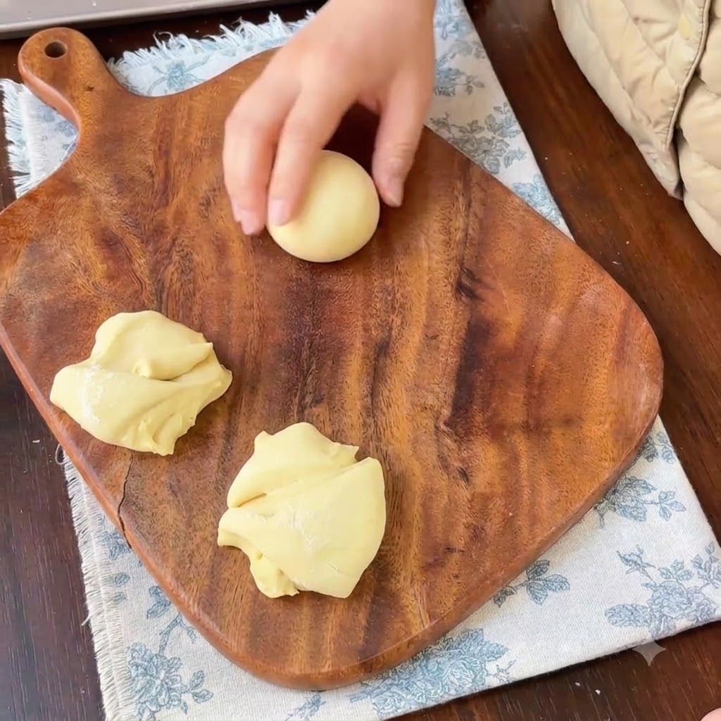 Eine Hand rollt gelben Teig zu einer glatten runden Kugel auf einem Holzbrett.