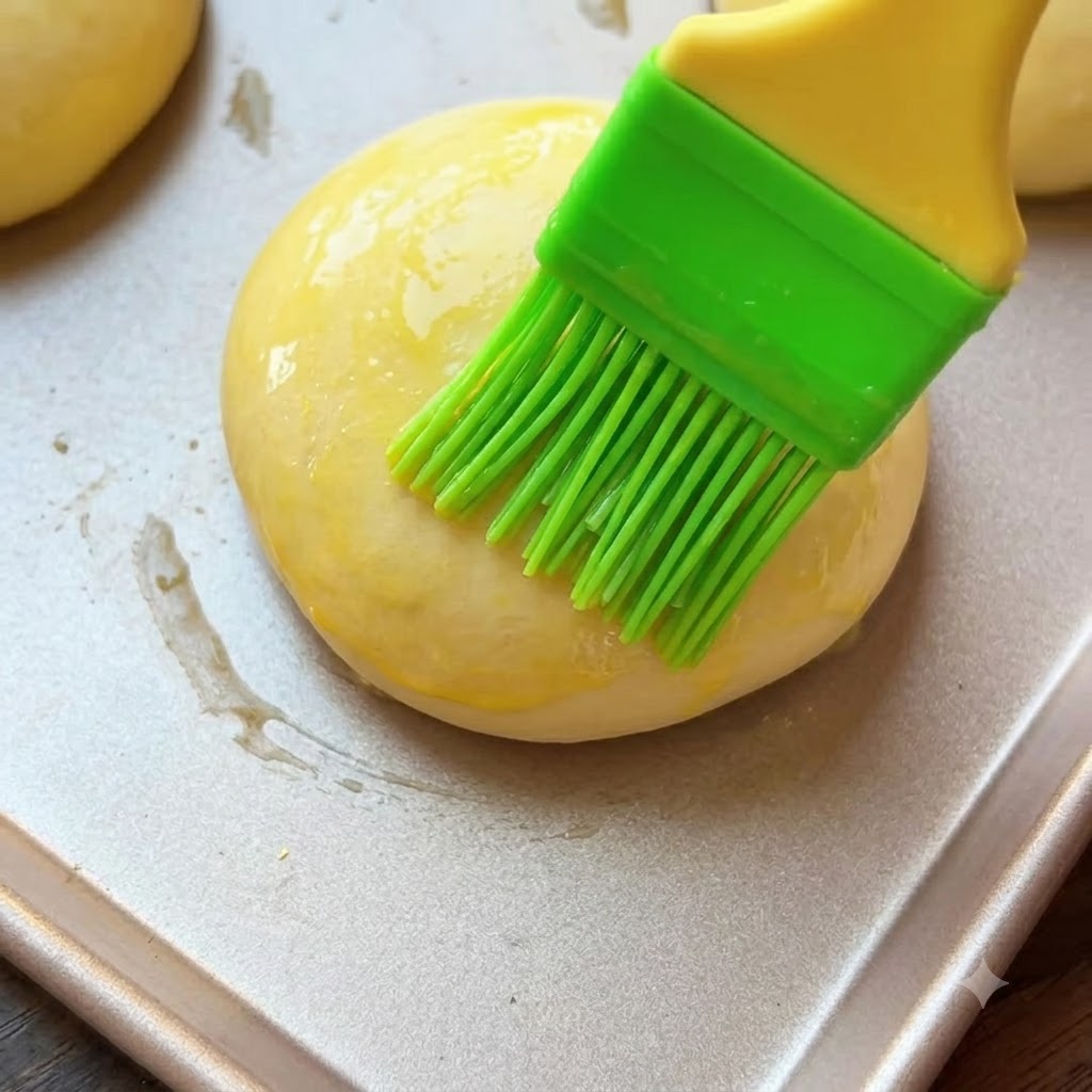 Ein Silikonpinsel bestreicht ein Teigbrötchen mit gelbem Eigelb auf einem Backblech.