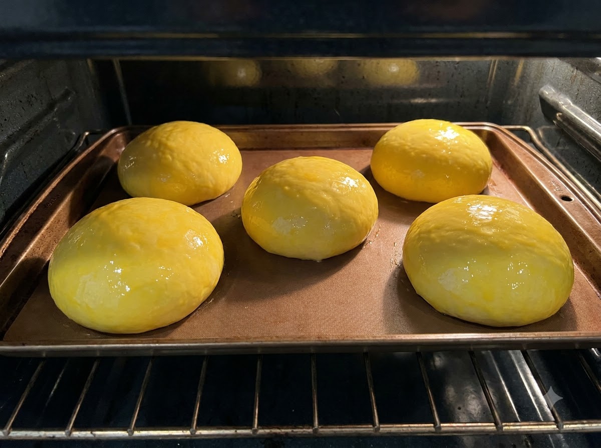 Fünf glänzende, mit Ei bestrichene Teigbrötchen backen auf einem Blech im Ofen.