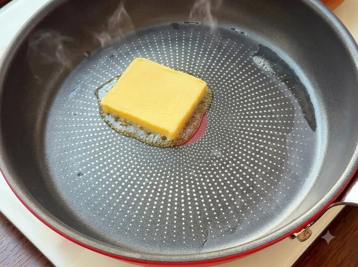 Ein Stück gelbe Butter schmilzt in der Mitte einer heißen Antihaft-Bratpfanne.