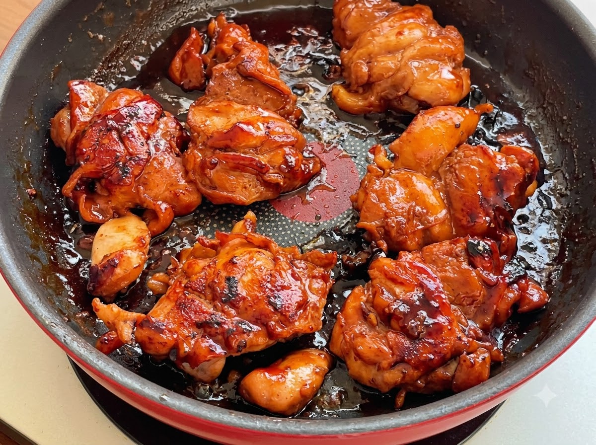 Hähnchenschenkel köcheln in einer dicken, dunklen Teriyaki-Glasur in einer Pfanne.