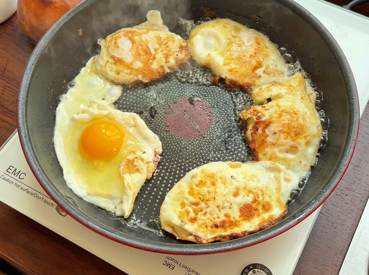 Mehrere Eier braten in einer Antihaft-Pfanne mit sprudelndem Eiweiß und gelbem Eigelb.