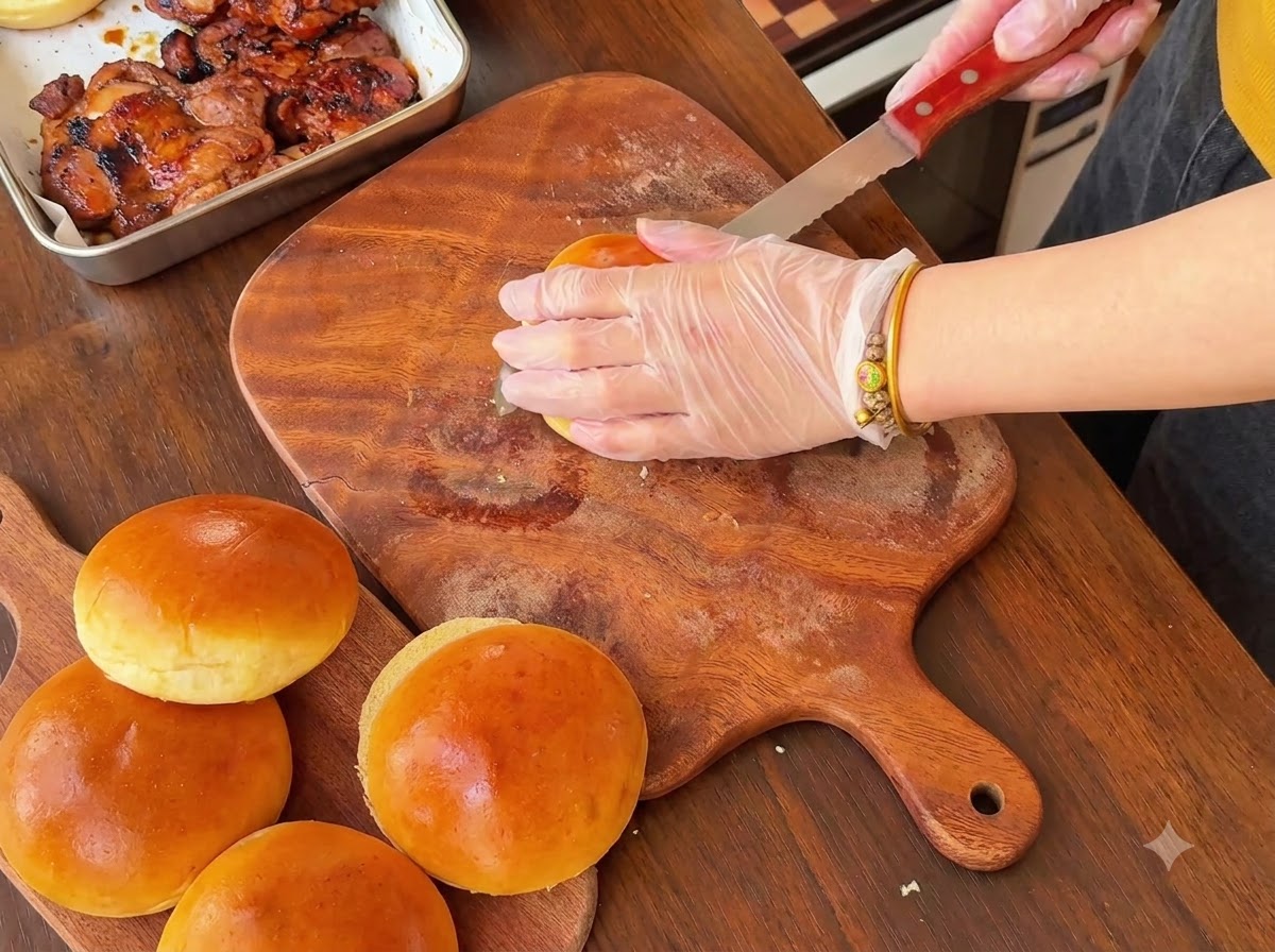 Hände mit Handschuhen schneiden ein goldbackenes Burgerbrötchen mit einem Sägemesser auf.