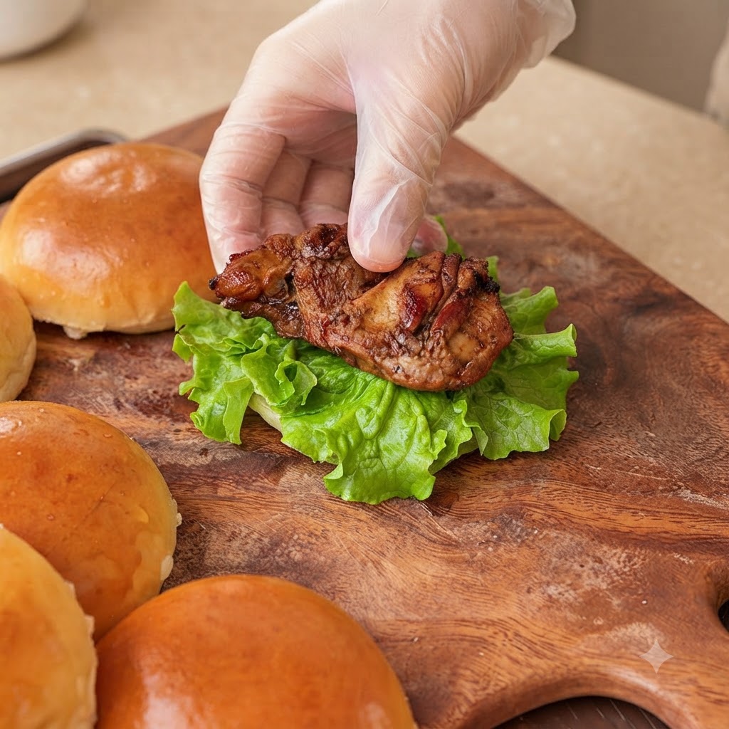 Ein glasierter Hähnchenstück wird über grünem Salat auf ein Burgerbrötchen gelegt.