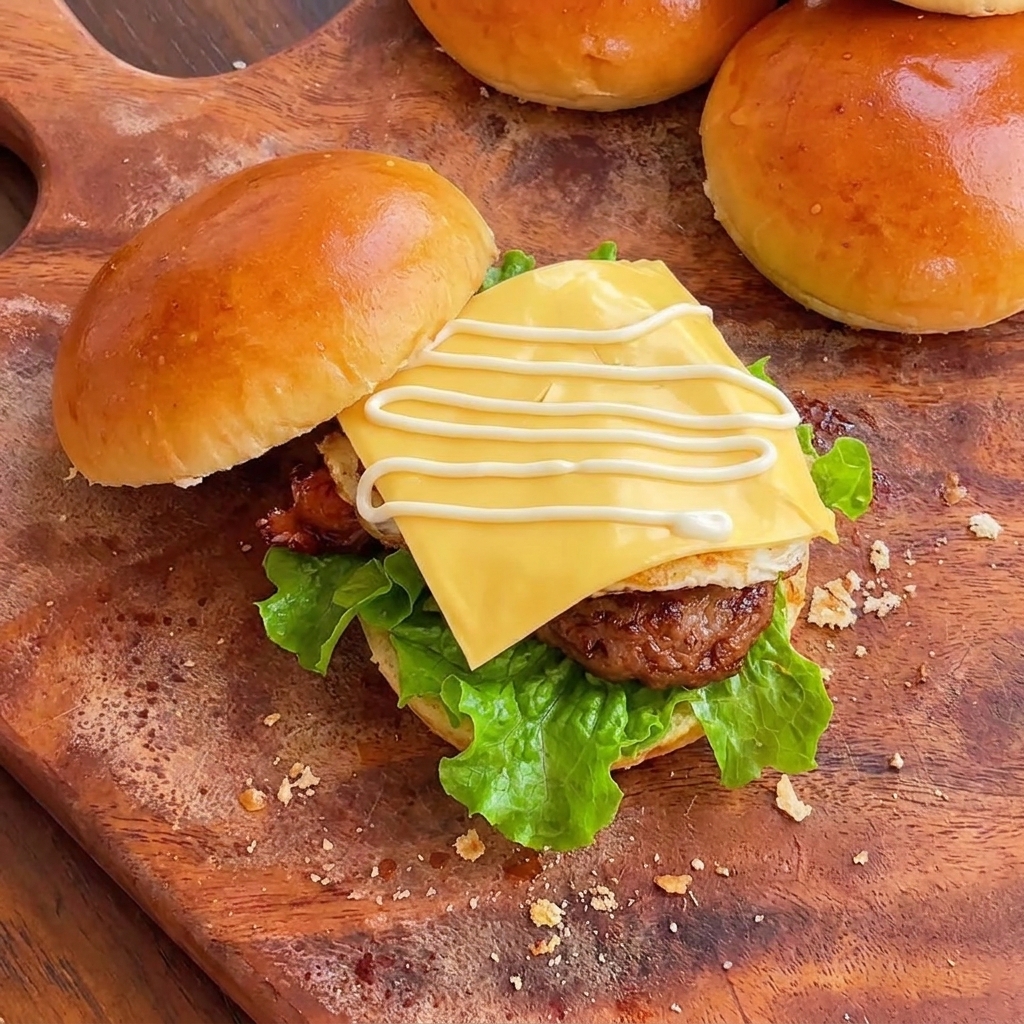 Ein fertiger Teriyaki Hähnchen Burger mit Salat, Hähnchen, Spiegelei, Käse und Mayonnaise.
