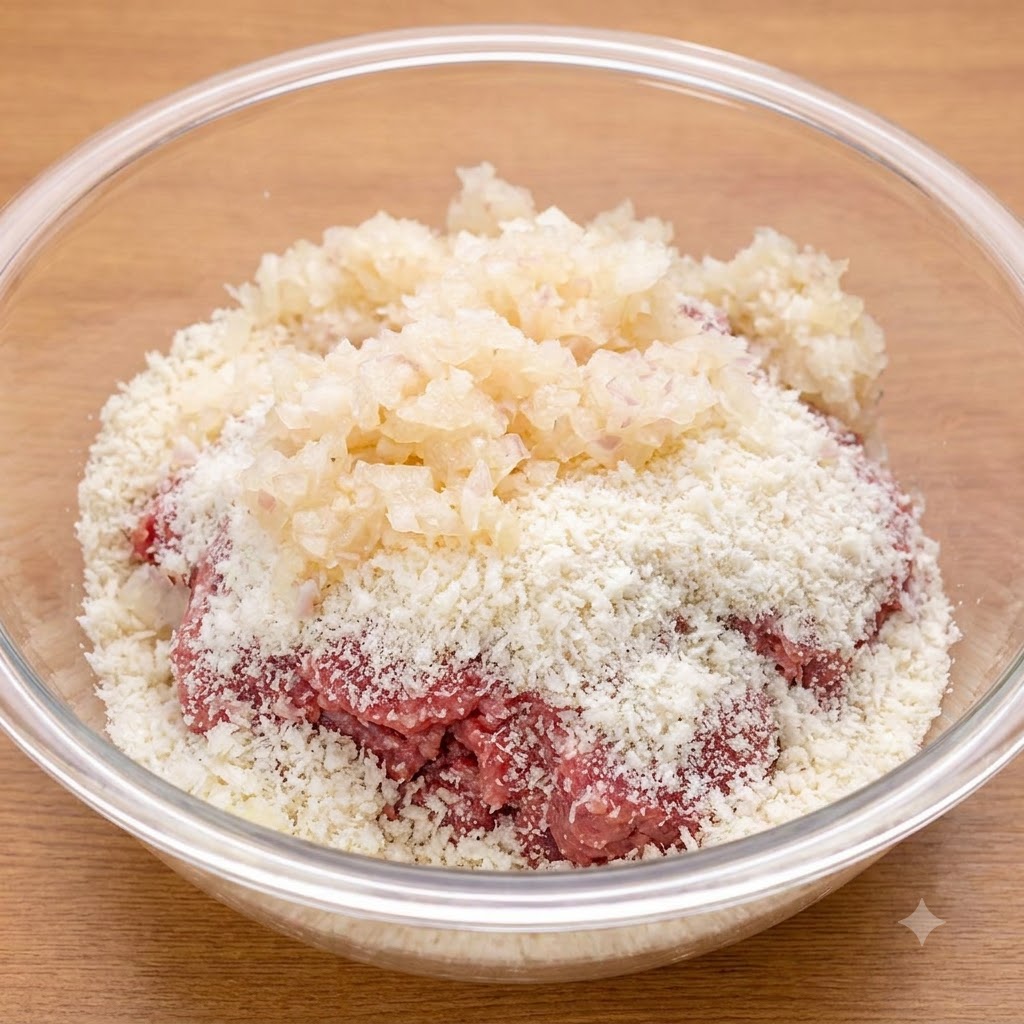 Gekochte gewürfelte Zwiebeln auf Rinderhackfleisch und Semmelbröseln in einer Glasschüssel.
