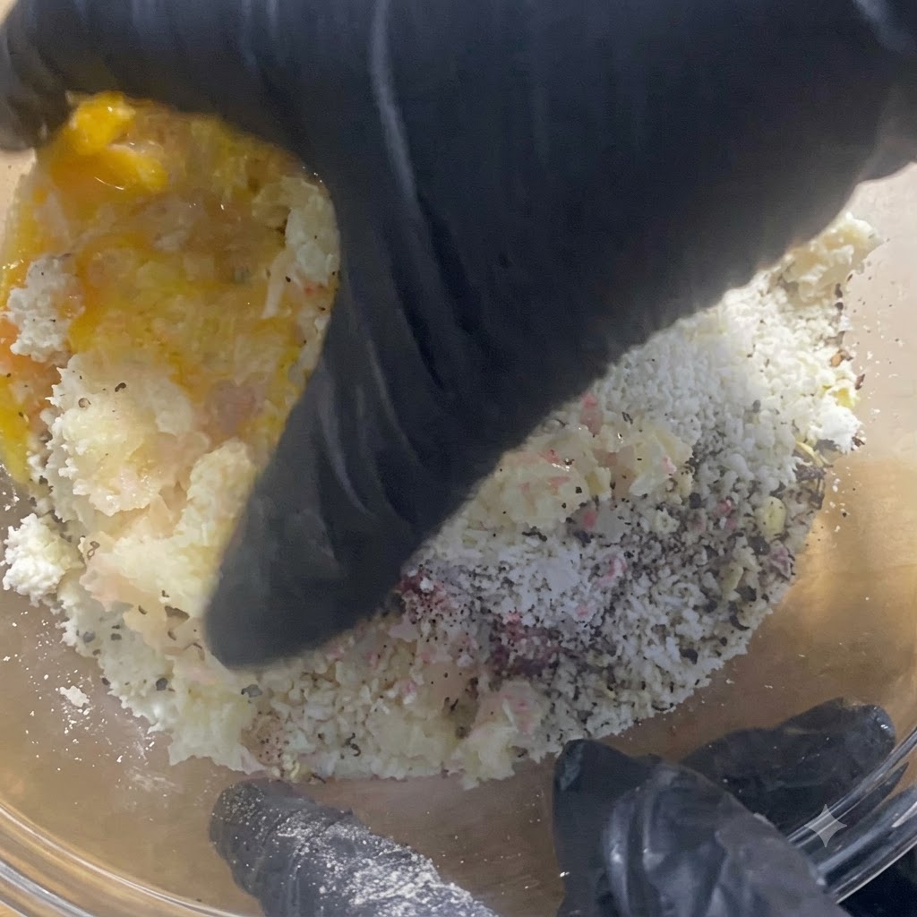 Behandschuhte Hände mischen und kneten die Fleischfüllung in der Glasschüssel gründlich durch.