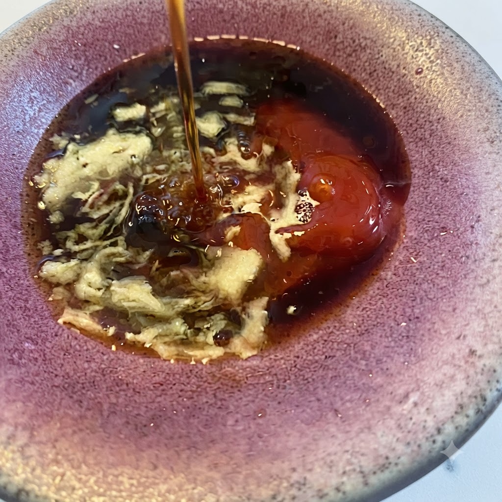 Kochwein wird in die Schüssel mit den Saucenzutaten gegossen.