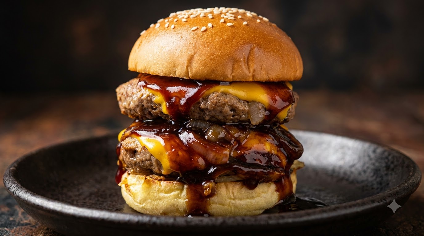Japanischer Teriyaki-Rinderburger mit geschmolzenem Käse