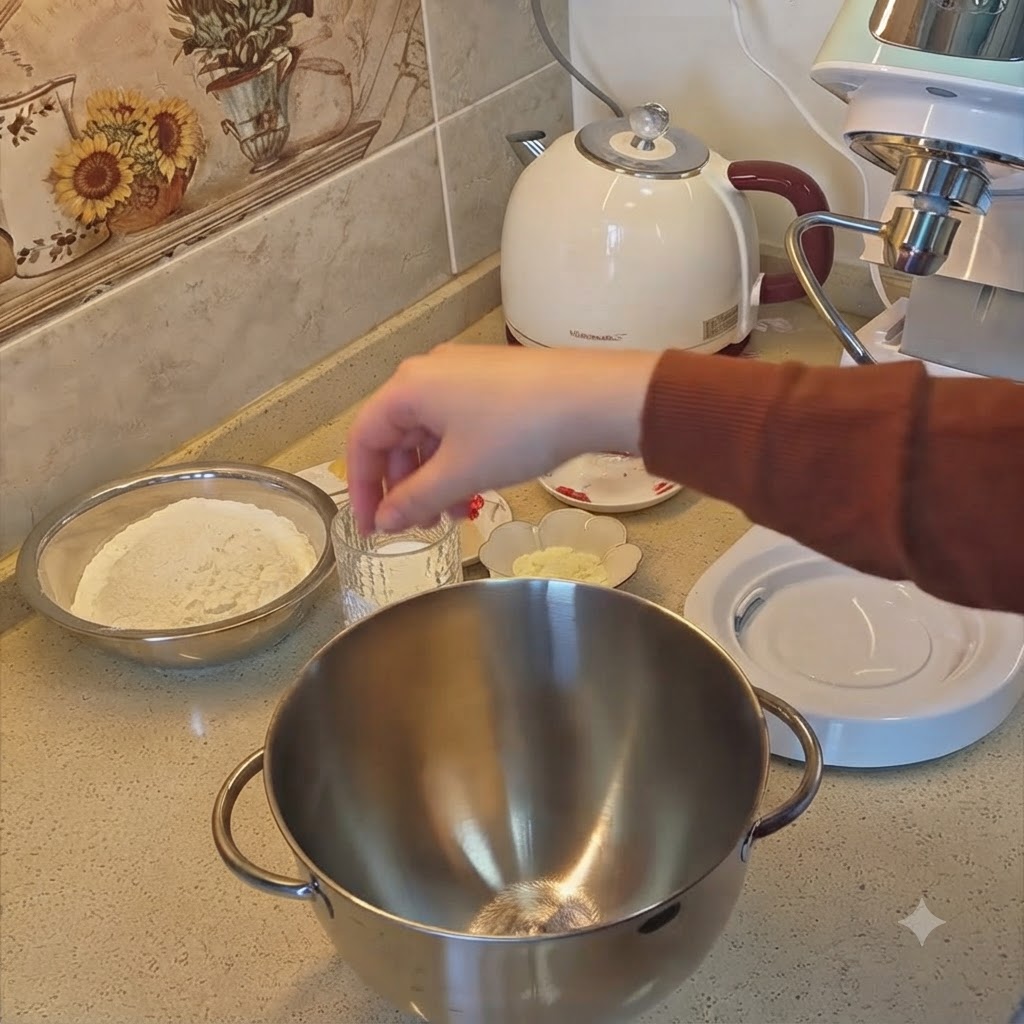 Trockene Backzutaten und Milch werden abgewogen und in eine Edelstahlschüssel der Küchenmaschine gegeben.