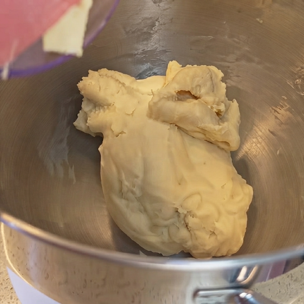 Ein Stück gelbe Butter wird zum Teig in die Rührschüssel der Küchenmaschine gegeben.