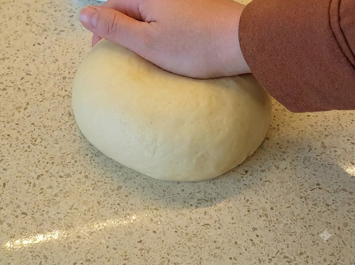 Eine Hand drückt auf eine große, glatte Kugel aus gelbem Hefeteig auf einer gesprenkelten Arbeitsfläche.